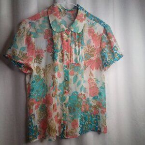 Emma James Blouse M Short Sleeve Button Up Sheer Floral Blue Pink